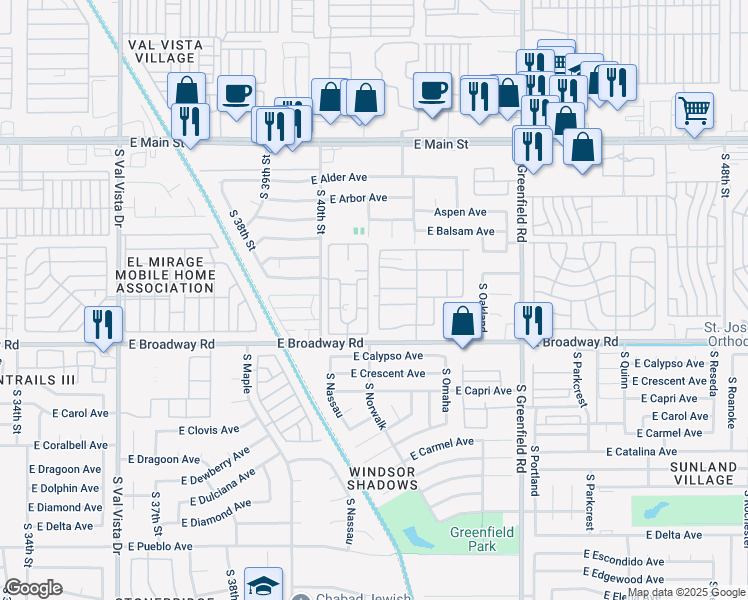 map of restaurants, bars, coffee shops, grocery stores, and more near 4202 East Broadway Road in Mesa
