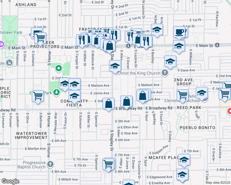 map of restaurants, bars, coffee shops, grocery stores, and more near 1165 East Jarvis Avenue in Mesa
