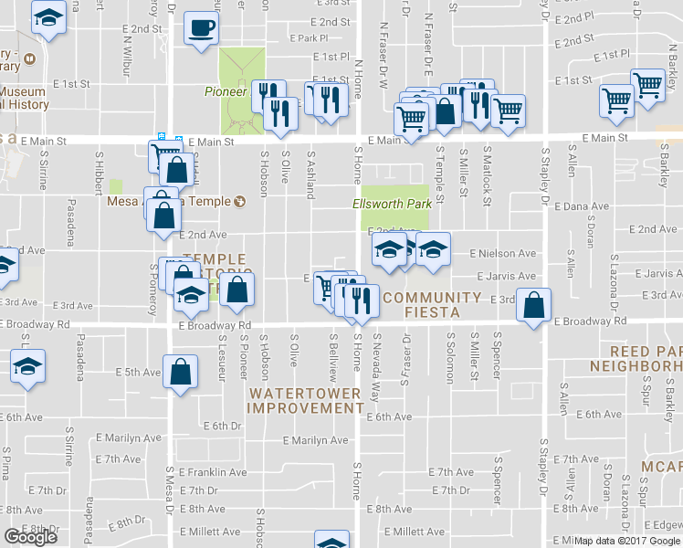 map of restaurants, bars, coffee shops, grocery stores, and more near 129 East 3rd Avenue in Mesa