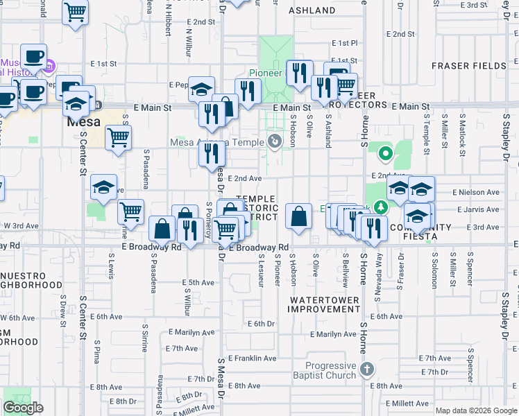 map of restaurants, bars, coffee shops, grocery stores, and more near in Mesa