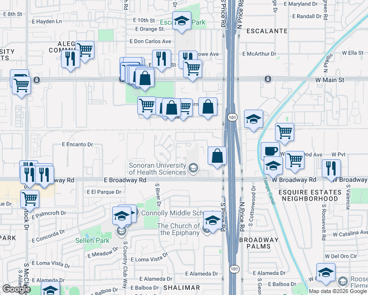 map of restaurants, bars, coffee shops, grocery stores, and more near 1703 South Torre Molinos Circle in Tempe