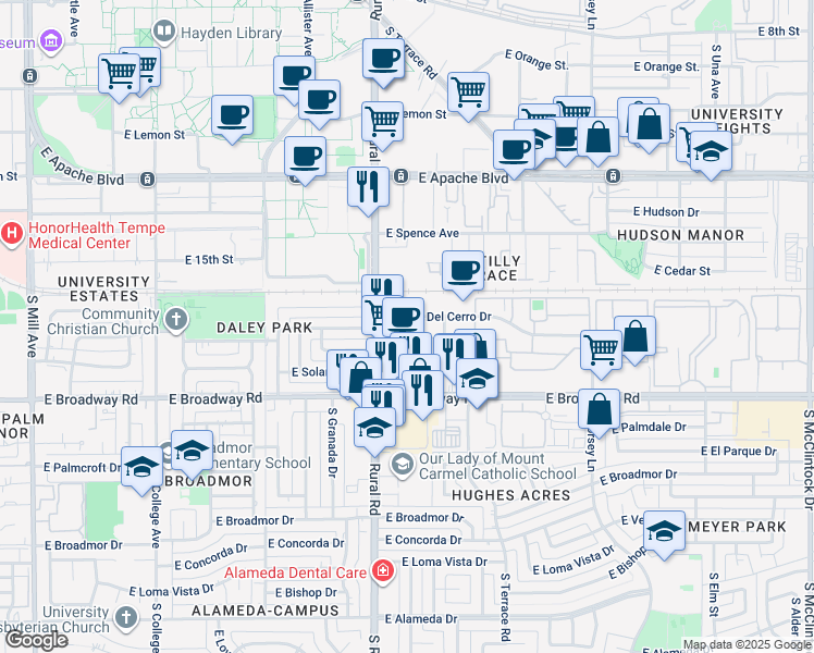 map of restaurants, bars, coffee shops, grocery stores, and more near 929 East Vista Del Cerro Drive in Tempe