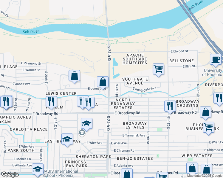 map of restaurants, bars, coffee shops, grocery stores, and more near 4036 South 24th Place in Phoenix