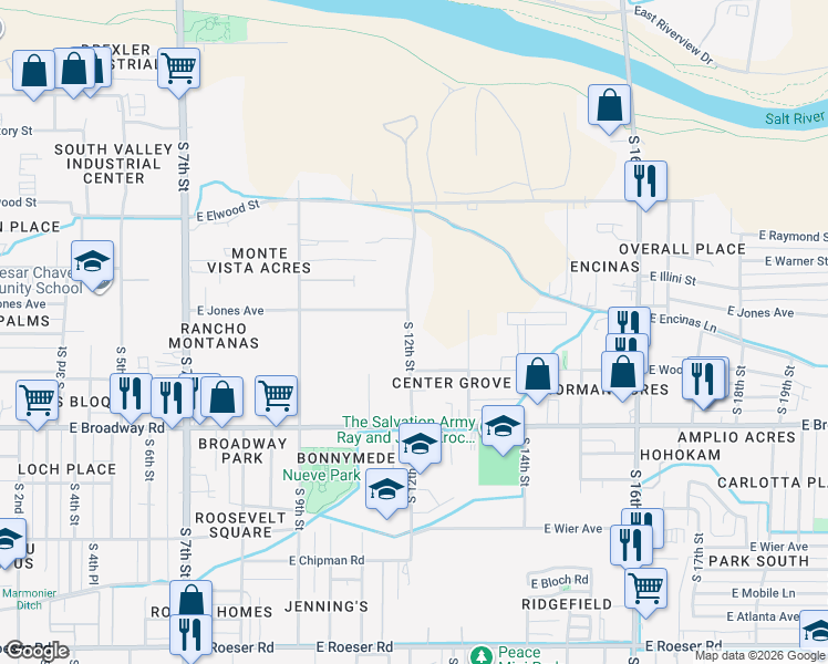 map of restaurants, bars, coffee shops, grocery stores, and more near 4030 South 12th Street in Phoenix