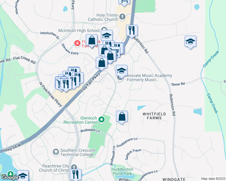map of restaurants, bars, coffee shops, grocery stores, and more near 106 Clearview Drive in Peachtree City