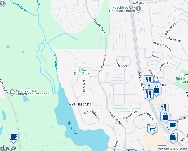 map of restaurants, bars, coffee shops, grocery stores, and more near 20 Star Spangled Lane in Peachtree City