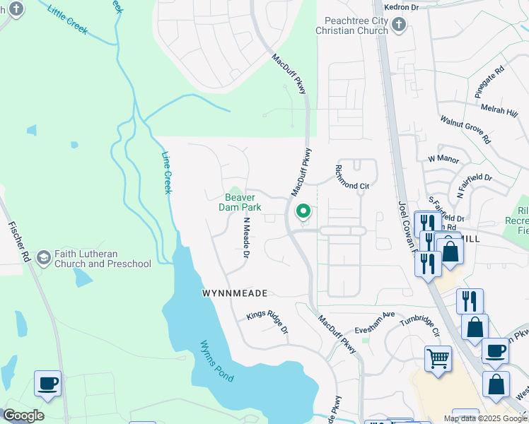 map of restaurants, bars, coffee shops, grocery stores, and more near 42 Star Spangled Lane in Peachtree City