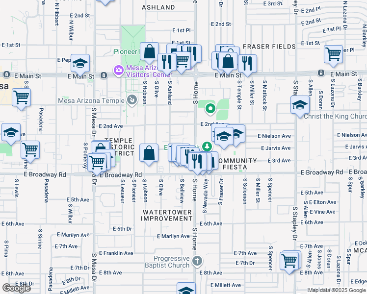 map of restaurants, bars, coffee shops, grocery stores, and more near 740 East 3rd Avenue in Mesa