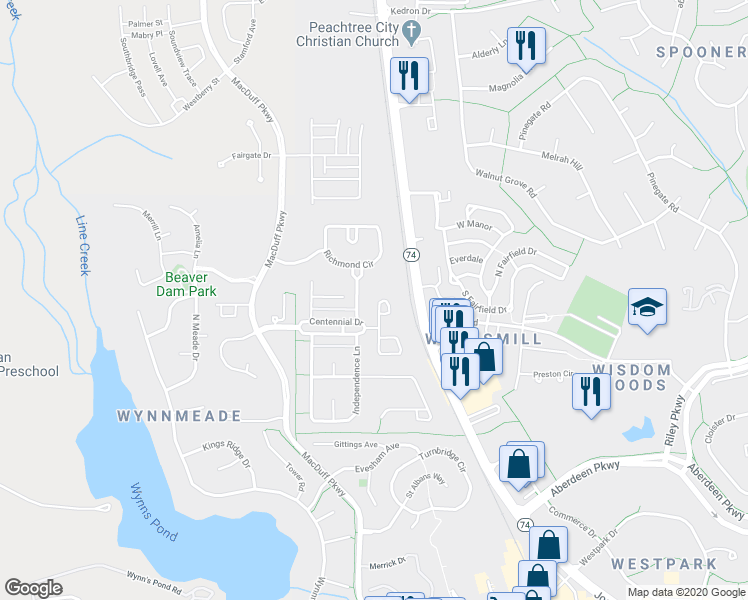 map of restaurants, bars, coffee shops, grocery stores, and more near 407 Constitution Circle in Peachtree City