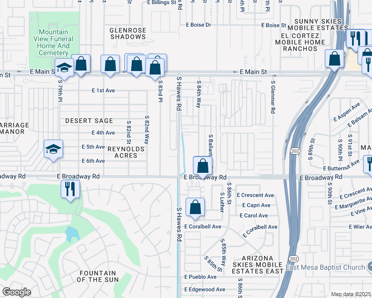 map of restaurants, bars, coffee shops, grocery stores, and more near 307 South Hawes Road in Mesa
