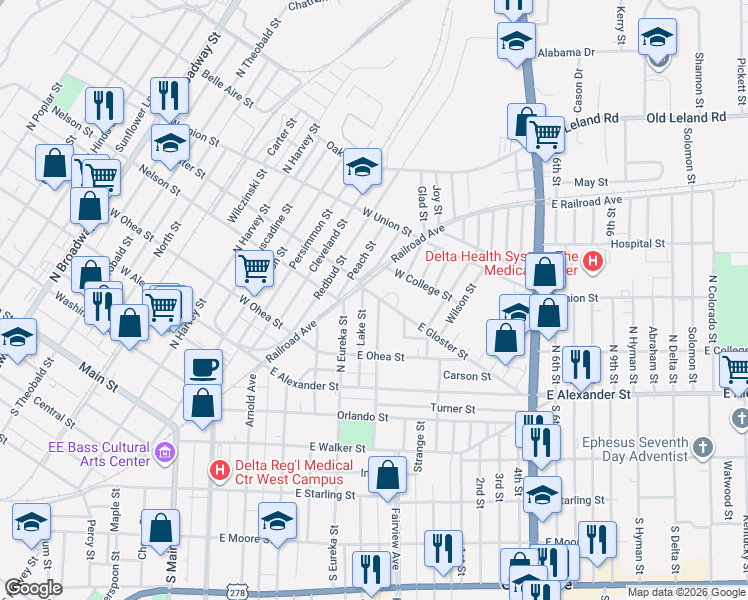 map of restaurants, bars, coffee shops, grocery stores, and more near 521 East Gloster Street in Greenville