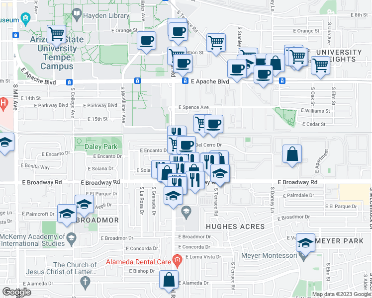map of restaurants, bars, coffee shops, grocery stores, and more near 929 East Vista Del Cerro Drive in Tempe