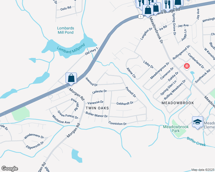 map of restaurants, bars, coffee shops, grocery stores, and more near 2920 Inwood Drive in Hephzibah