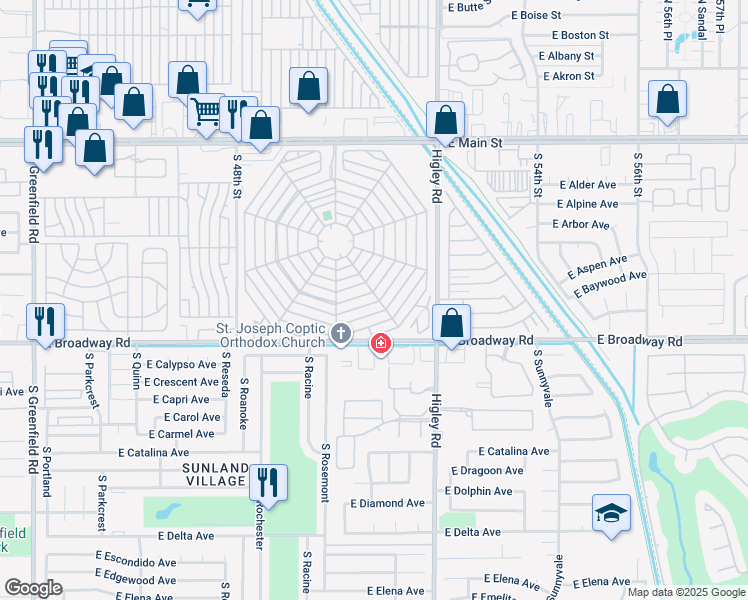 map of restaurants, bars, coffee shops, grocery stores, and more near 534 East Merlin Place in Mesa