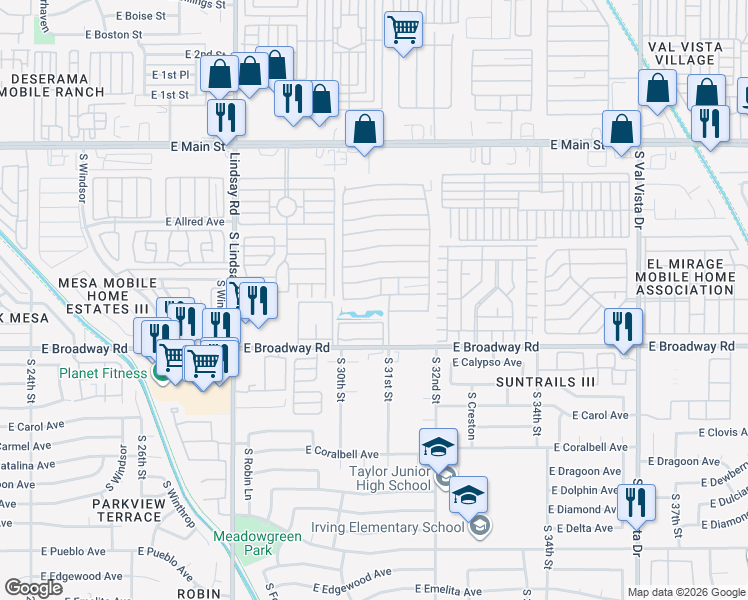 map of restaurants, bars, coffee shops, grocery stores, and more near 3104 East Broadway Road in Mesa