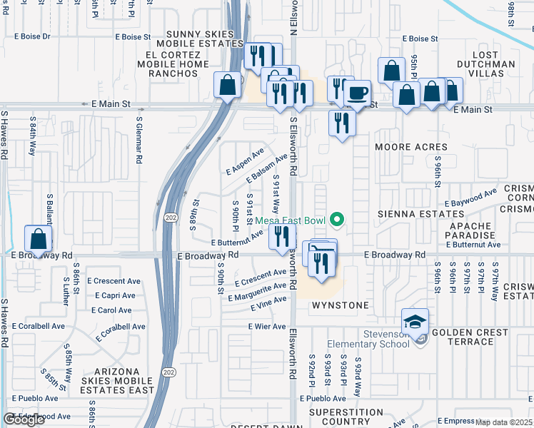 map of restaurants, bars, coffee shops, grocery stores, and more near 9111 East Bramble Avenue in Mesa