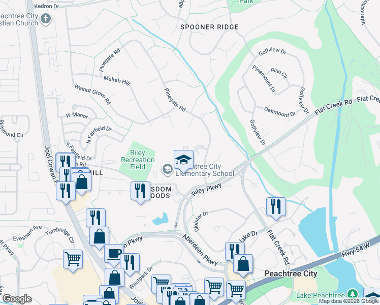map of restaurants, bars, coffee shops, grocery stores, and more near 44 Cobblestone Creek in Peachtree City