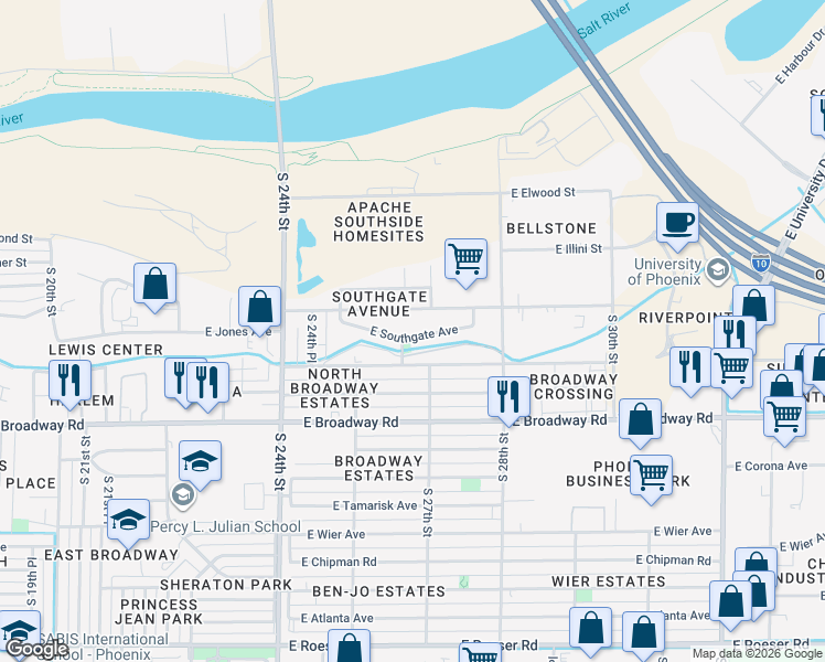 map of restaurants, bars, coffee shops, grocery stores, and more near 2621 East Southgate Avenue in Phoenix