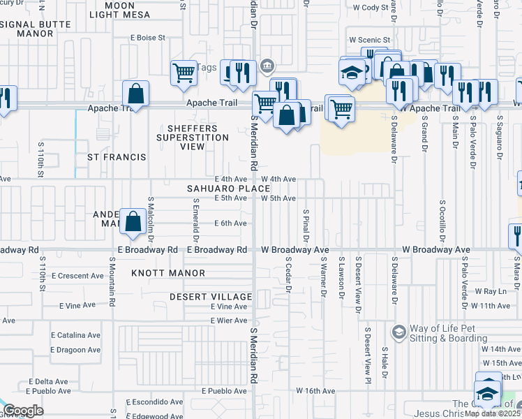 map of restaurants, bars, coffee shops, grocery stores, and more near 597 South Meridian Road in Apache Junction