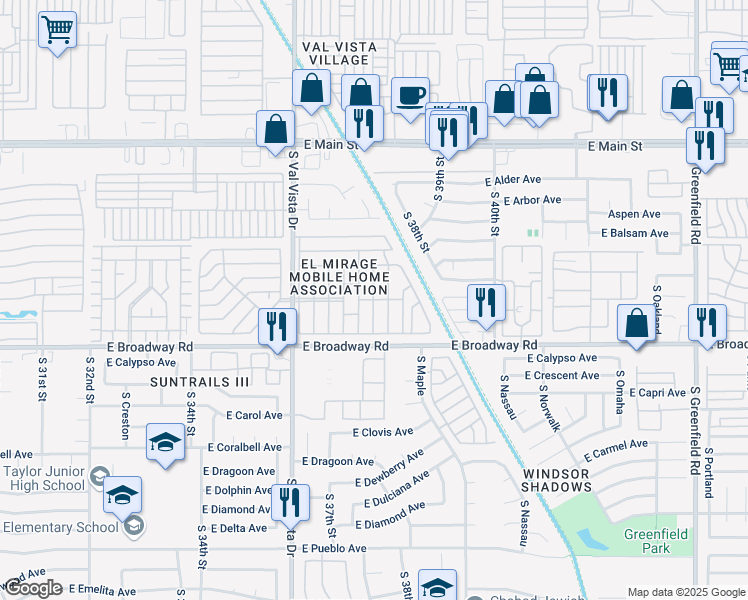 map of restaurants, bars, coffee shops, grocery stores, and more near South 5th Street in Mesa