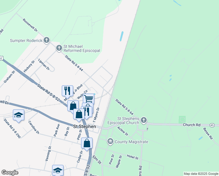 map of restaurants, bars, coffee shops, grocery stores, and more near 166 Roosevelt Drive in Saint Stephen