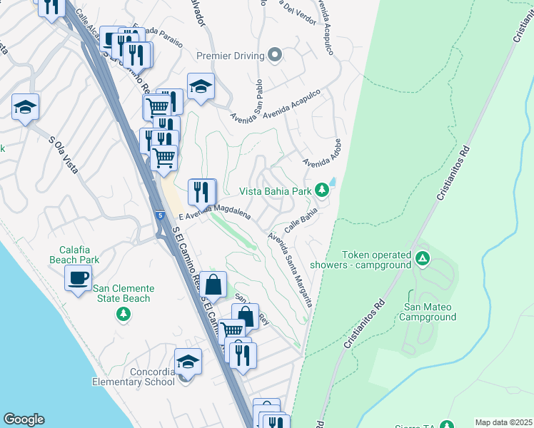 map of restaurants, bars, coffee shops, grocery stores, and more near 406 Avenida Ortega in San Clemente