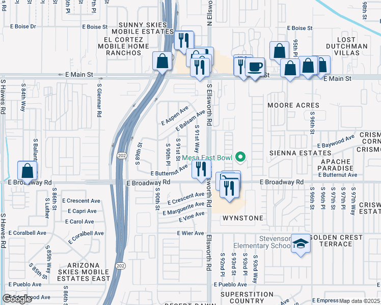 map of restaurants, bars, coffee shops, grocery stores, and more near 9111 East Bramble Avenue in Mesa