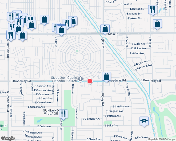 map of restaurants, bars, coffee shops, grocery stores, and more near 534 East Merlin Place in Mesa