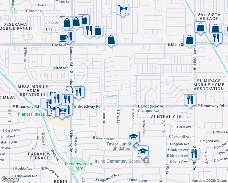 map of restaurants, bars, coffee shops, grocery stores, and more near 3104 East Broadway Road in Mesa