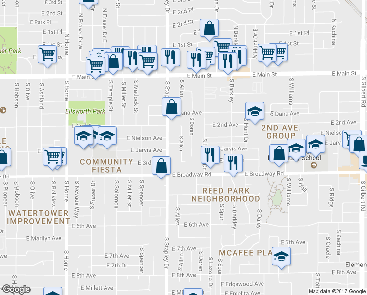 map of restaurants, bars, coffee shops, grocery stores, and more near 305 South Allen in Mesa