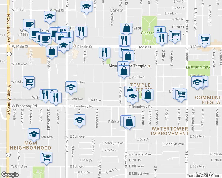 map of restaurants, bars, coffee shops, grocery stores, and more near 235 South Hibbert in Mesa