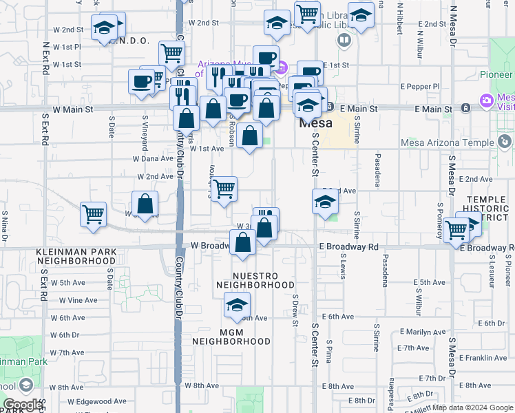 map of restaurants, bars, coffee shops, grocery stores, and more near 265 South Robson in Mesa