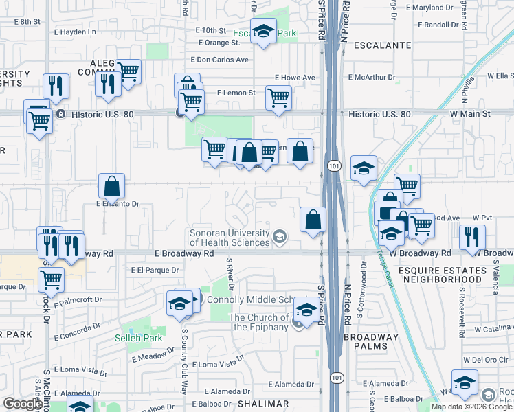 map of restaurants, bars, coffee shops, grocery stores, and more near 2164 East Broadway Road in Tempe
