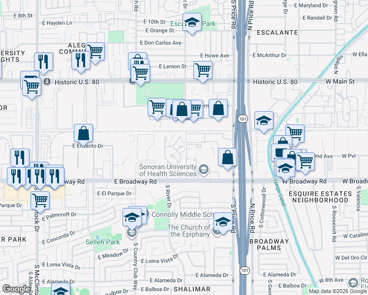 map of restaurants, bars, coffee shops, grocery stores, and more near 1634 South Torre Molinos Circle in Tempe