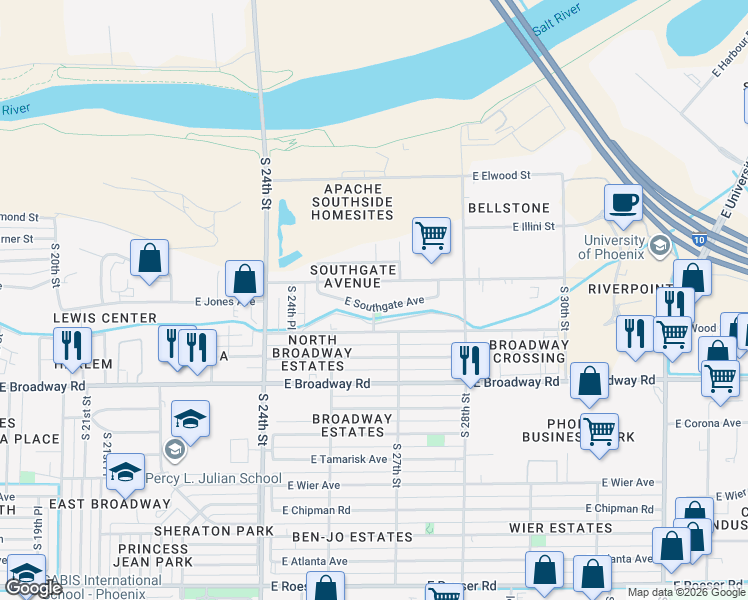 map of restaurants, bars, coffee shops, grocery stores, and more near 2621 East Southgate Avenue in Phoenix