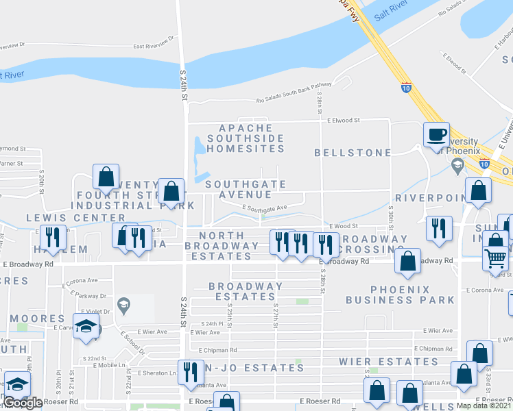 map of restaurants, bars, coffee shops, grocery stores, and more near 2537 East Southgate Avenue in Phoenix