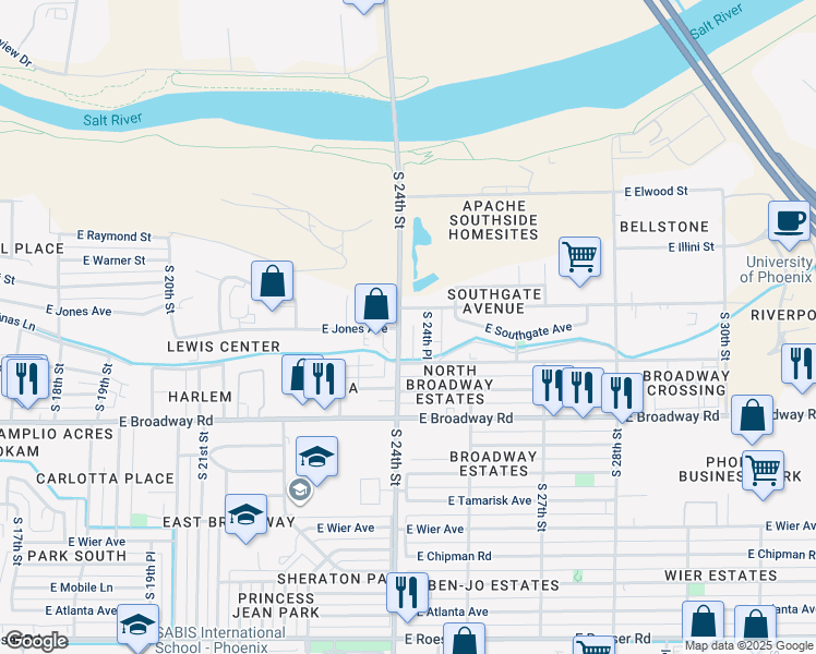 map of restaurants, bars, coffee shops, grocery stores, and more near 4036 South 24th Place in Phoenix