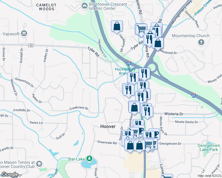 map of restaurants, bars, coffee shops, grocery stores, and more near 570 Southland Drive in Hoover