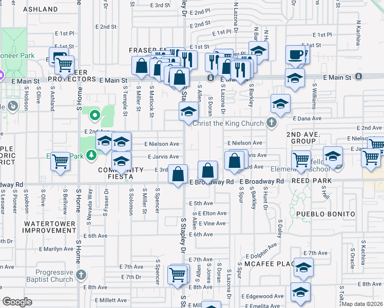 map of restaurants, bars, coffee shops, grocery stores, and more near 305 South Allen in Mesa