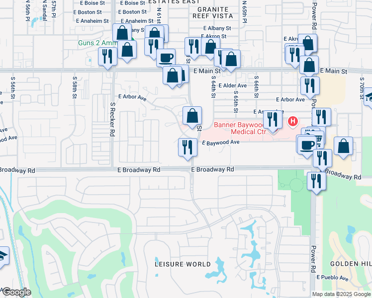 map of restaurants, bars, coffee shops, grocery stores, and more near 310 South Gardens of East Mesa in Mesa
