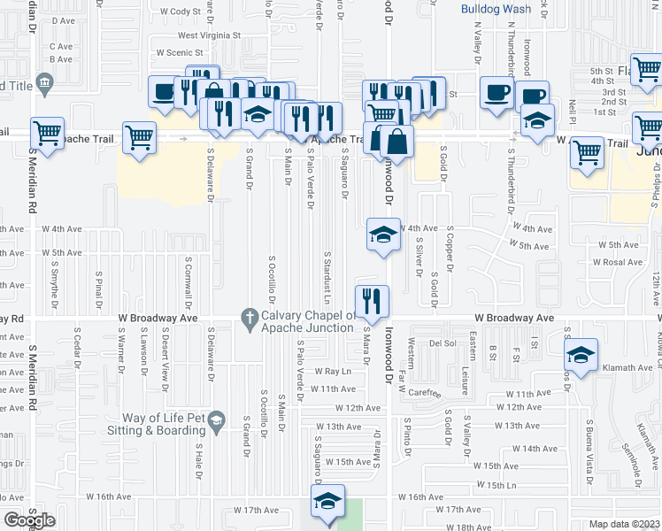 map of restaurants, bars, coffee shops, grocery stores, and more near 595 South Stardust Lane in Apache Junction