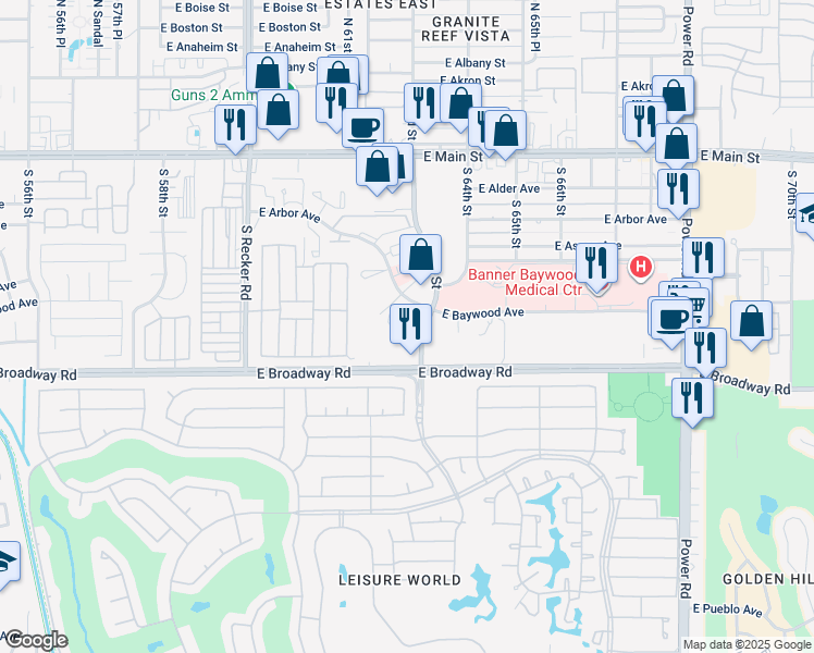 map of restaurants, bars, coffee shops, grocery stores, and more near 310 South 63rd Street in Mesa