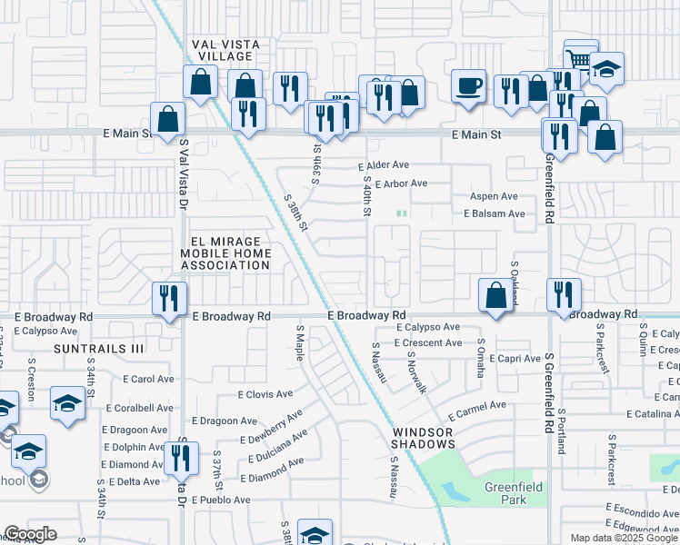 map of restaurants, bars, coffee shops, grocery stores, and more near 342 South 40th Street in Mesa
