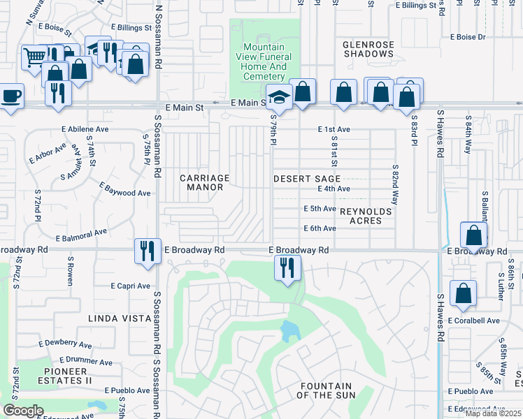 map of restaurants, bars, coffee shops, grocery stores, and more near 7750 East Broadway Road in Mesa