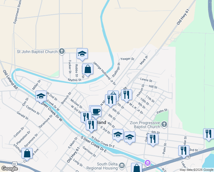 map of restaurants, bars, coffee shops, grocery stores, and more near 201 School Park Drive in Leland