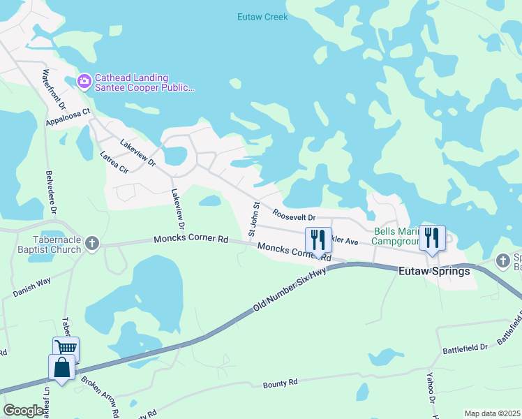 map of restaurants, bars, coffee shops, grocery stores, and more near 208 Saint John Street in Eutawville