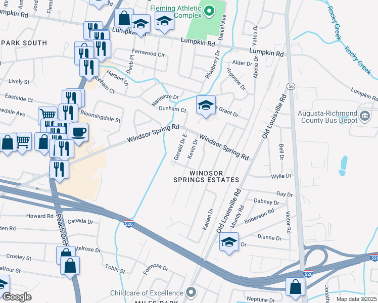 map of restaurants, bars, coffee shops, grocery stores, and more near 3215 Kevin Drive in Augusta