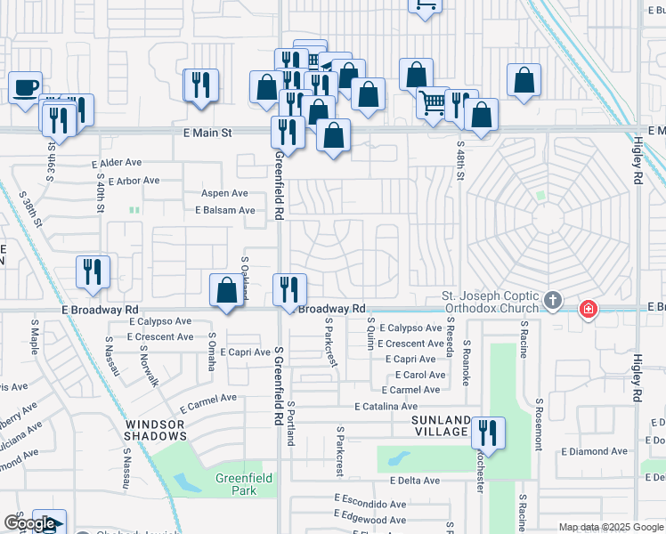 map of restaurants, bars, coffee shops, grocery stores, and more near 201 South Greenfield Road in Mesa
