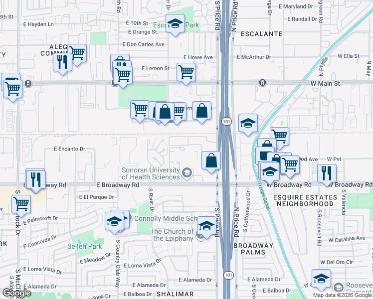 map of restaurants, bars, coffee shops, grocery stores, and more near South Bala Drive in Tempe