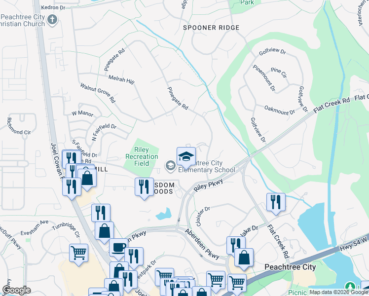 map of restaurants, bars, coffee shops, grocery stores, and more near 66 Cobblestone Creek in Peachtree City